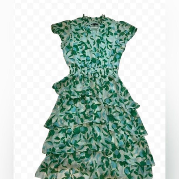 Sam and Jess Green Leaf Lightweight Print Multi Ruffle Midi Dress Size L - Picture 1 of 11